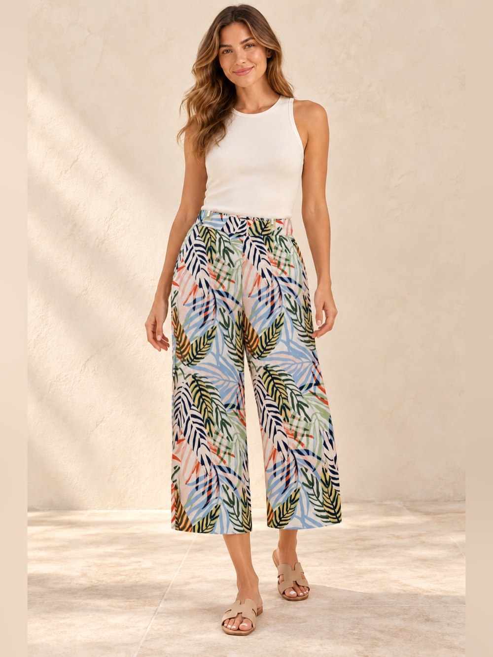 Tahari Tropical Linen Wide Leg Cropped Pants Medium